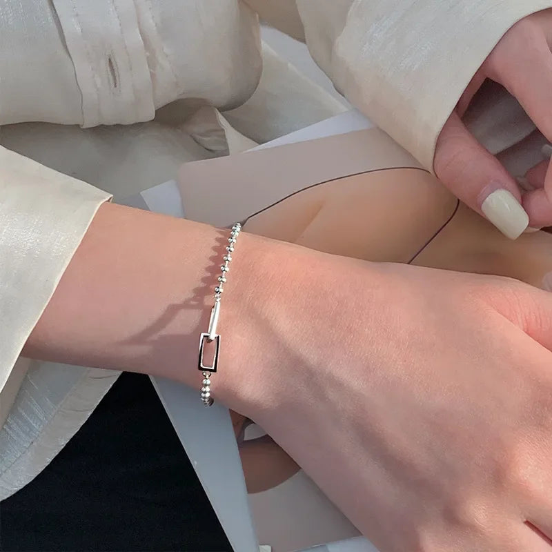 925 Sterling Silver Geometric Square Round Bead Bracelet For Women Personality Temperament Simple Hand Jewelry Party