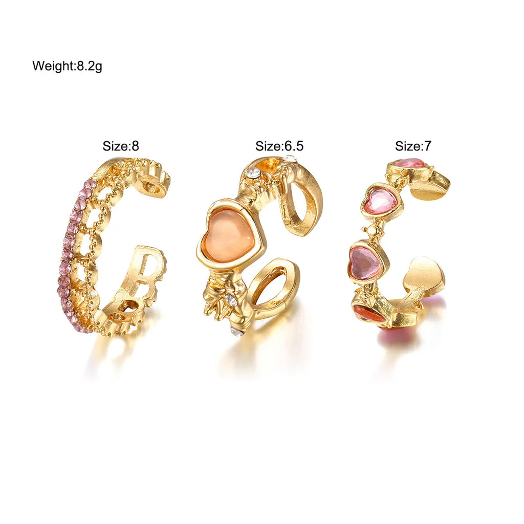 3 Pcs Set Love Heart Rings For Women Girls Light Luxury Sweet Rhinestone Opening Finger Ring Fashion Wedding Party Jewelry Gifts