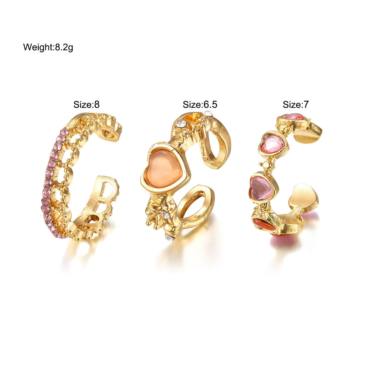 3 Pcs Set Love Heart Rings For Women Girls Light Luxury Sweet Rhinestone Opening Finger Ring Fashion Wedding Party Jewelry Gifts