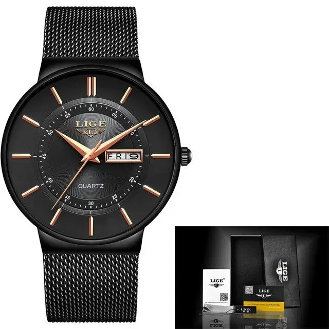 LIGE 2024 Luxury Men Watches Waterproof Ultra Thin Date Clock Male Steel Strap Casual Quartz Watch Men Sports Wrist Watch Man