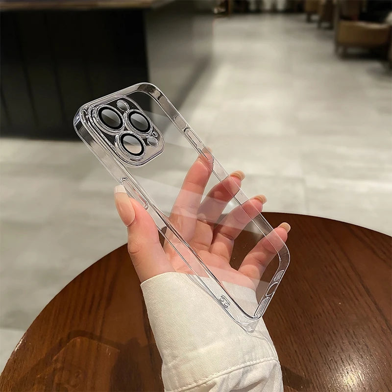 Luxury Plating Clear Silicone Phone Case For iPhone 16 17 15 14 13 12 11 Pro XR XS Max Mini Plus Lens Protection Case Back Cover