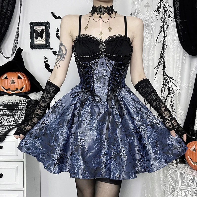 Vintage Elegant Lace Trim A-Line Mini Dresses Y2K Goth Floral Lace-up Short Dress Short Sleeve Smock Women Autumn New Fashion