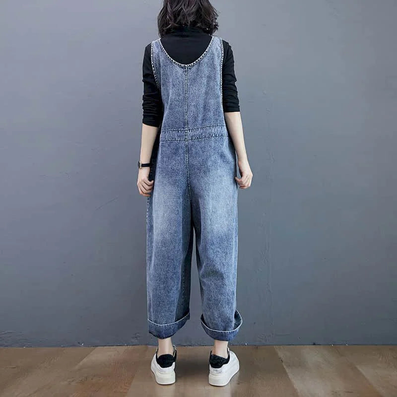 Denim Jumpsuits for Women Autumn Oversized Solid Playsuits Loose High Waist Wide Leg Pants Overalls for Women Clothes One-pieces