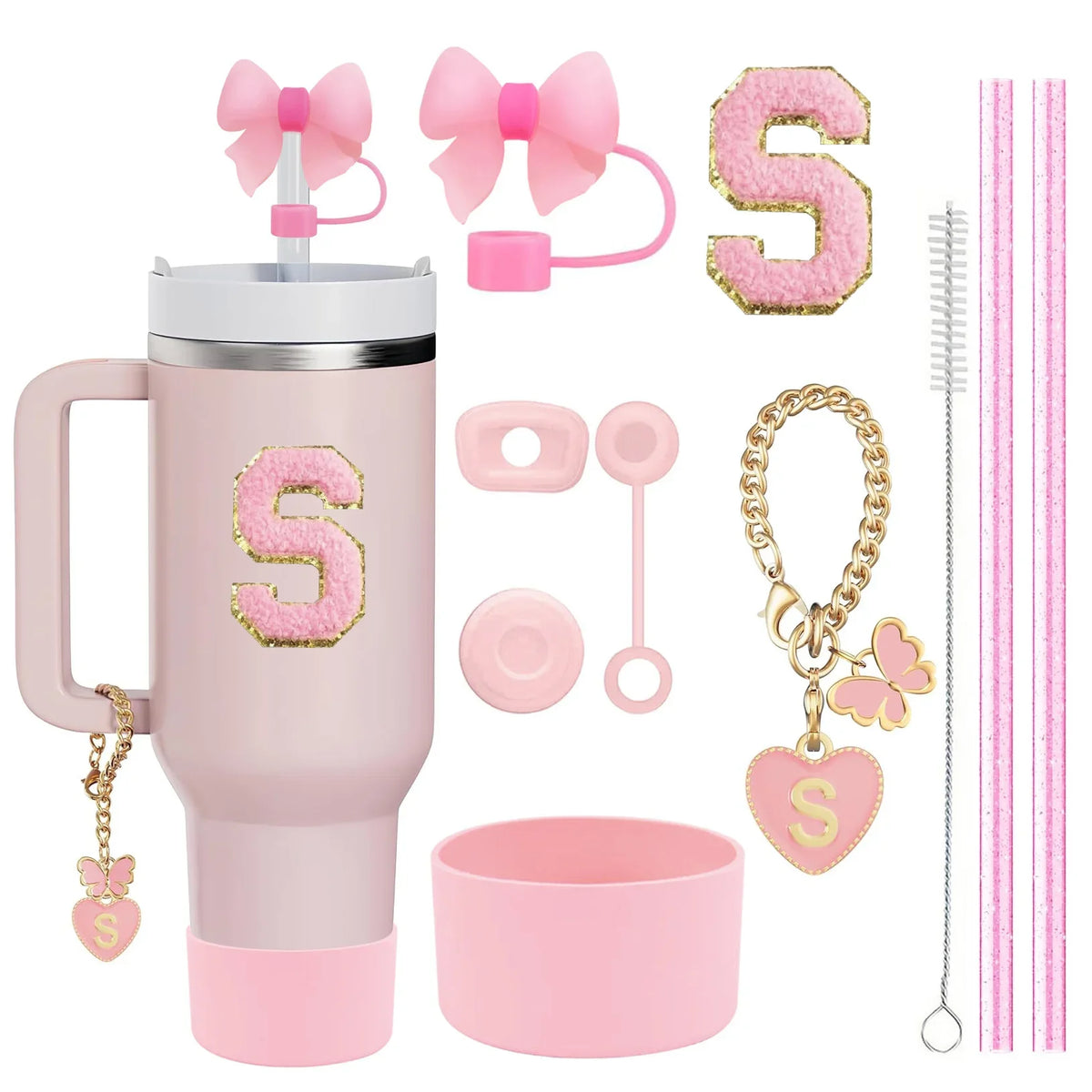 10PCS Accessories Set for Stanley Cup, 2 Straw and Brush and 1 Flower Charm Chain 3 Spill Proof Stopper Flowers Straw Cover Boot