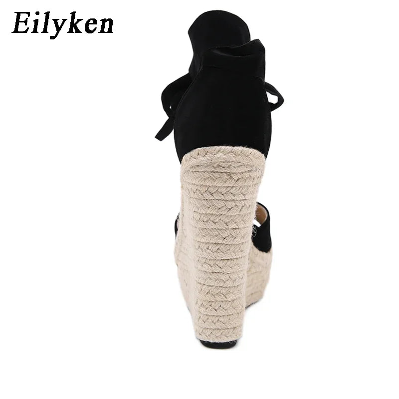 EilyKen Summer Butterfly-Knot Open Toe Women Sandals Fashion Solid Platform High Heel Wedge Shoes Ankle Lace-up Pumps