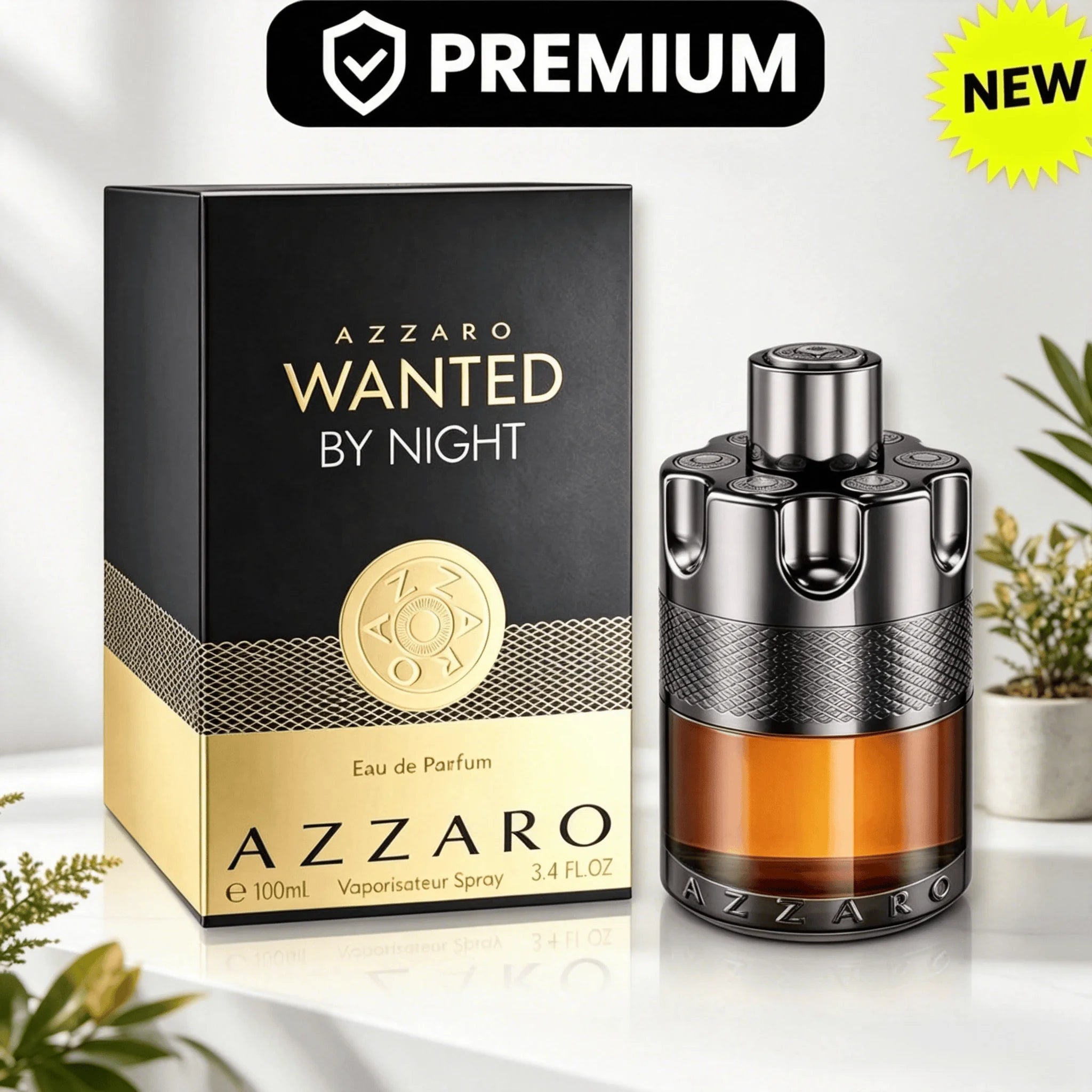 Azzaro Wanted By Night Eau De Parfum 100ML With Original Brown Gold Gift Box Long Lasting Rich Warm Spicy Tobacco Vanilla Woody Fragrance Men Perfume Silver Cap Transparent Amber Liquid Bottle Night Club Masculine Scent Holid
