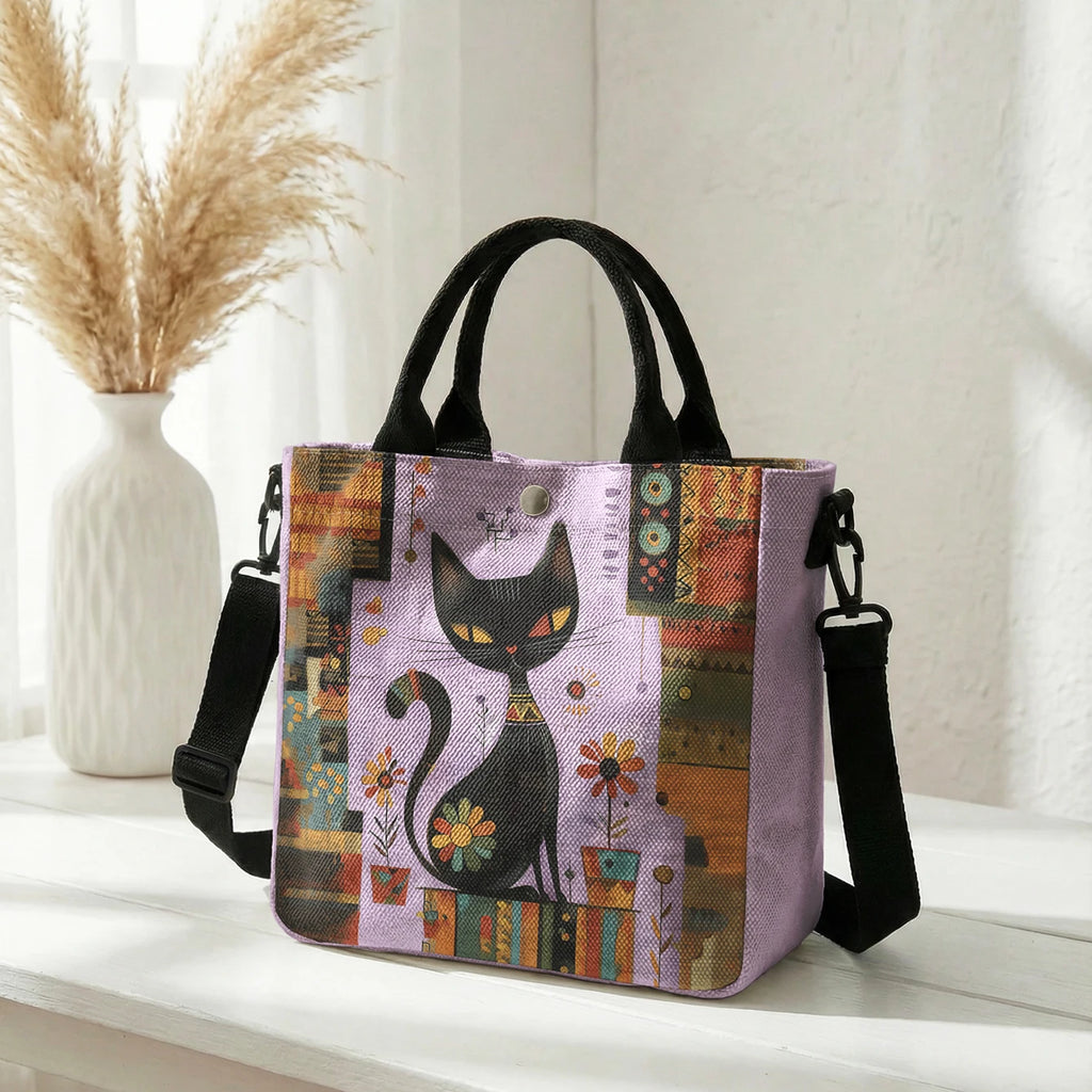 Abstract Geometric Floral Black Cat Art Print Tote Bag Detachable Strap Crossbody Handbag For Women Daily Shopping
