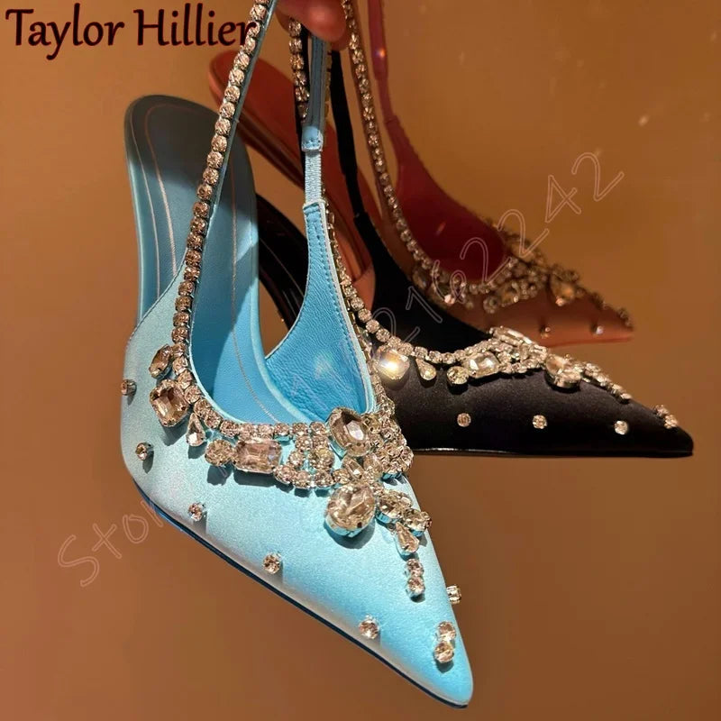 Spring New Pink Rhinestone Pumps Women'S Elegant Satin Stiletto High Heels Fashion Back Strap Luxury Dress Evening Pumps Sandals