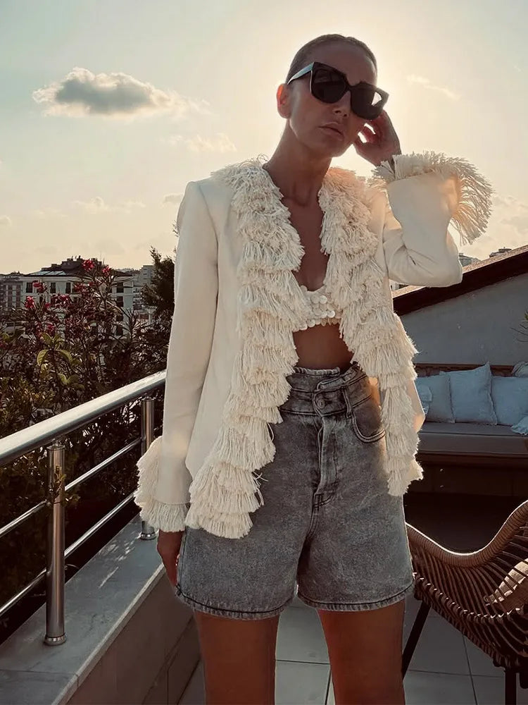 Fashion Solid Blended Women's Jacket Irregular Tassel Decoration Open Front Long Sleeves Loose Chic 2026 Autumn New Street Wear