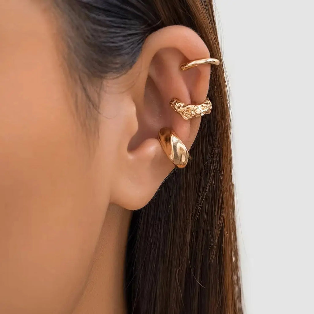 PuRui Fashion Geometric Ear Cuff Earrings for Women 3 pcs/set Metal Chunky No Piercing Clip Earrings Ladies Party Girls Jewelry
