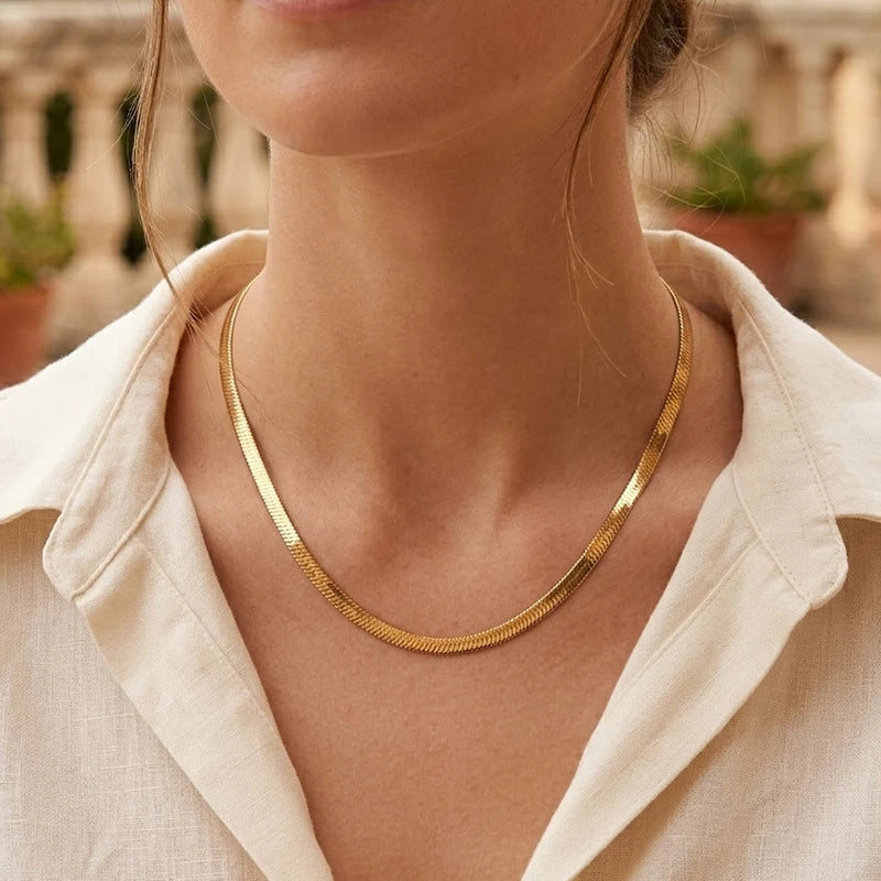 Classic Fashion Unisex Snake Chain Choker Necklace Woman Stainless Steel Herringbone Gold Color Chain Daily Necklace Jewelry