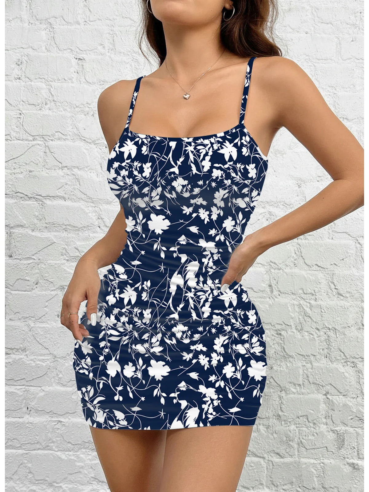 Women's Summer Casual Fashion Comfortable Floral Print Square Neck Sleeveless Suspender Dress Short Skirt
