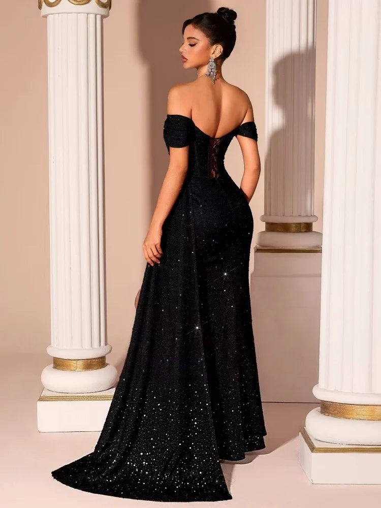 AP Pretti Women Sequin Off Shoulder High Slit Prom Dress For Wedding formal Birthday Evening Party Dresses Vestidos Customized
