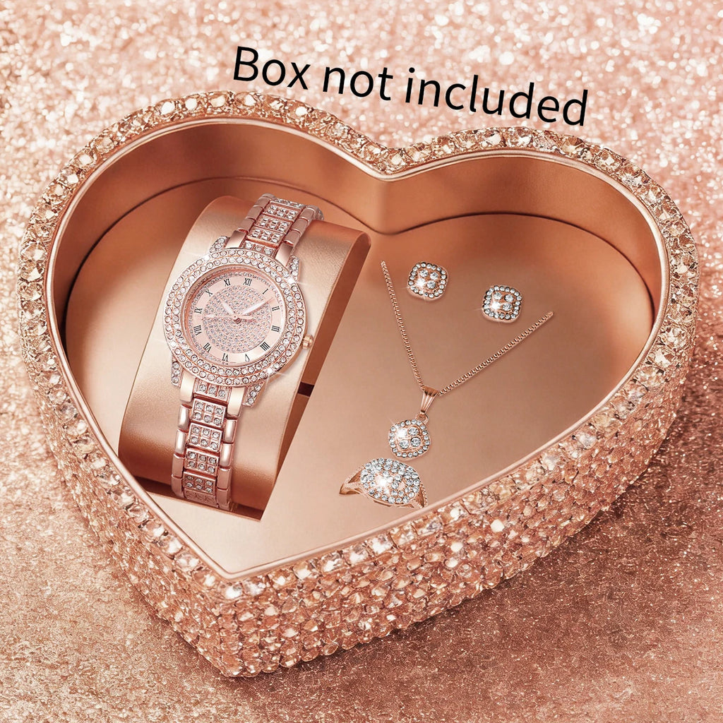 5PCS Luxury Women Roma Dial Quartz Watch Fashion Diamond Ladies Wristwatch Jewelry Set Reloj Mujer Girls Clock (Without Box)