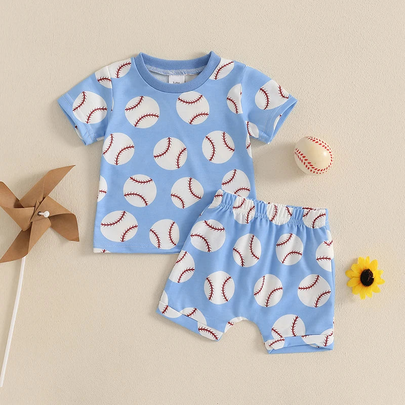 Toddler Baby Boy Shorts Set Baseball Print Short Sleeve T-shirt Elastic Waist Shorts Summer Outfit