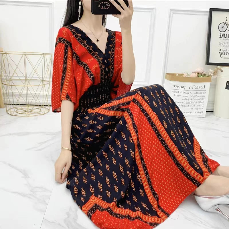 2025 Summer New Casual Elegant Retro Bohemian Style V-neck Elastic Waist Large Swing Printed Long Skirt Autumn Summer Dress