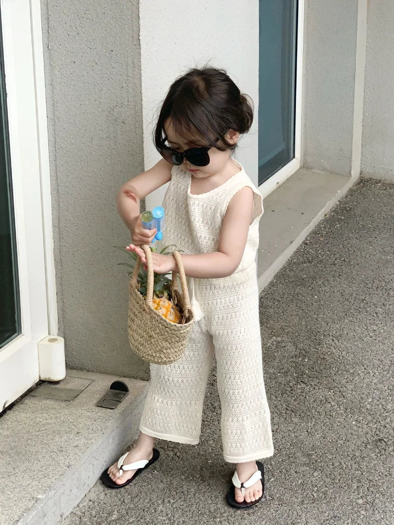 Girl's Clothing Sets Summer Korean Thin Knitted Girl Set Children Hollow Breathable Vest + Wide Leg Pants Two-piece Suit