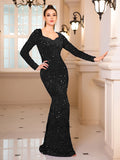 Luxury Black Long Sleeve Evening Gown Sequin Stretchy Velvet V Neck Mermaid Prom Floor Length Dress Burgundy Women Dresses 2025