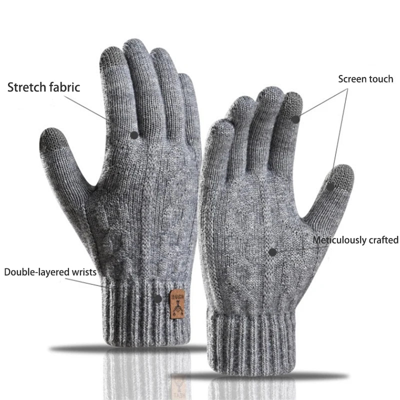 2026 Men's Thermal Wool Knitted Gloves Non-Slip Touchscreen Fleece Lined Warm Full Finger for Cycling Driving Hiking Winter
