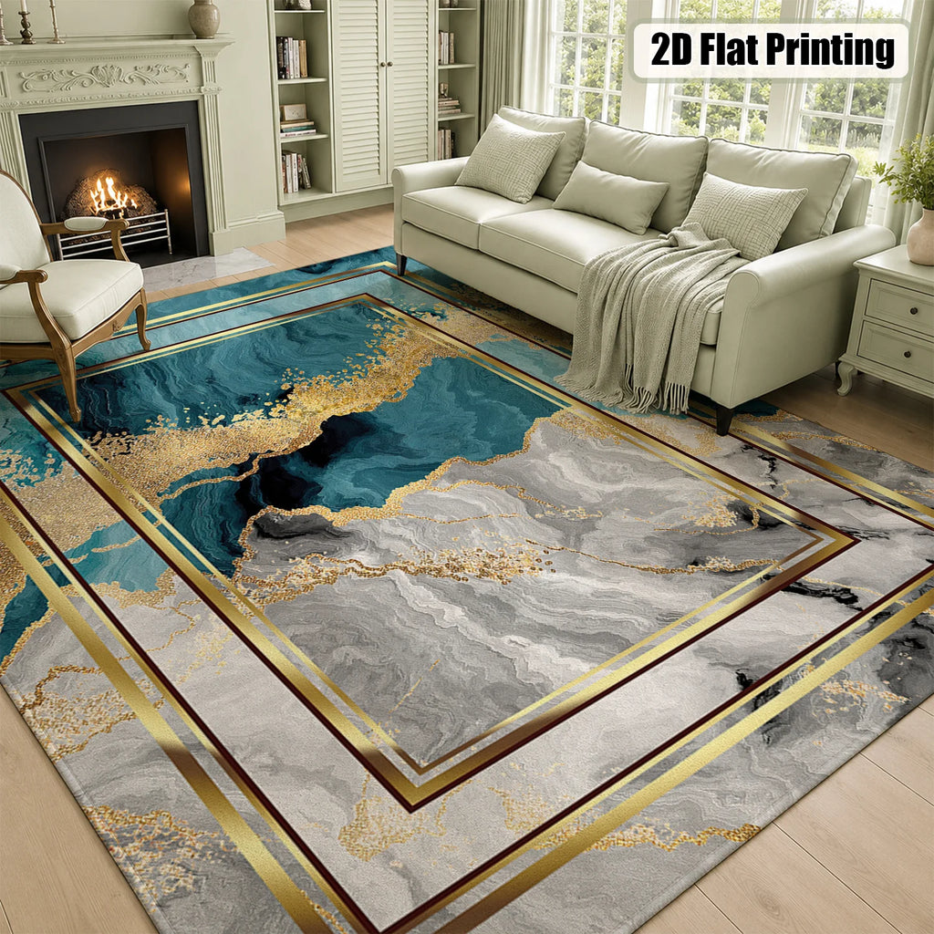 Large Indoor Area Rug, Soft Velvet Low Pile with Non-Slip Dotted Backing, Machine Washable, Teal Gold Marble Abstract Modern Floor Rug for Living Room Bedroom Entryway Home Decor