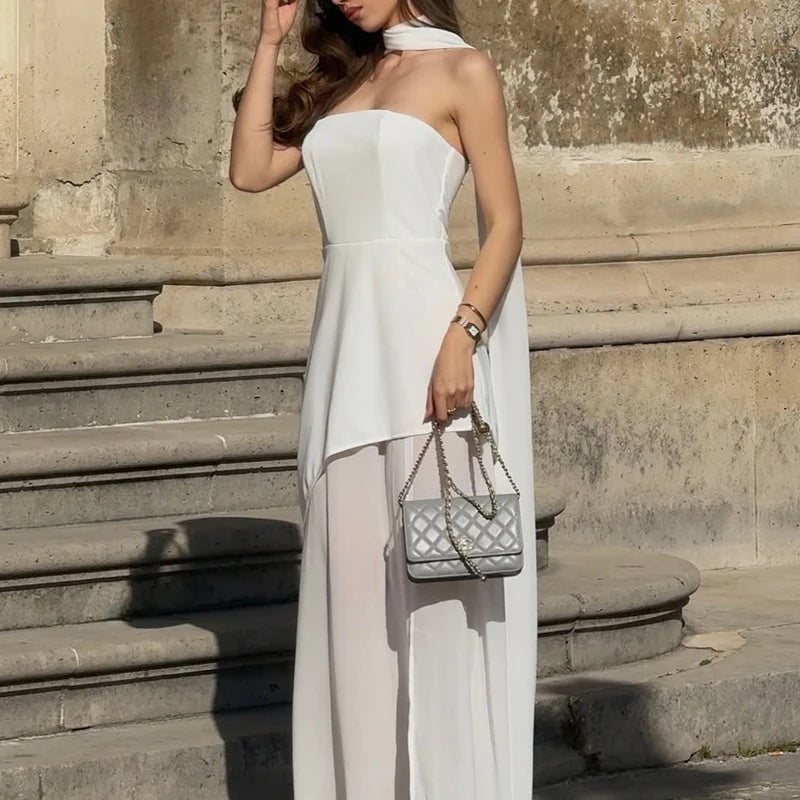 2025 New Strapless Dress With Ribbon Women's Elegant Sleeveless Mesh Beach Vacation Long Dress Spring Fashion Lady Dress