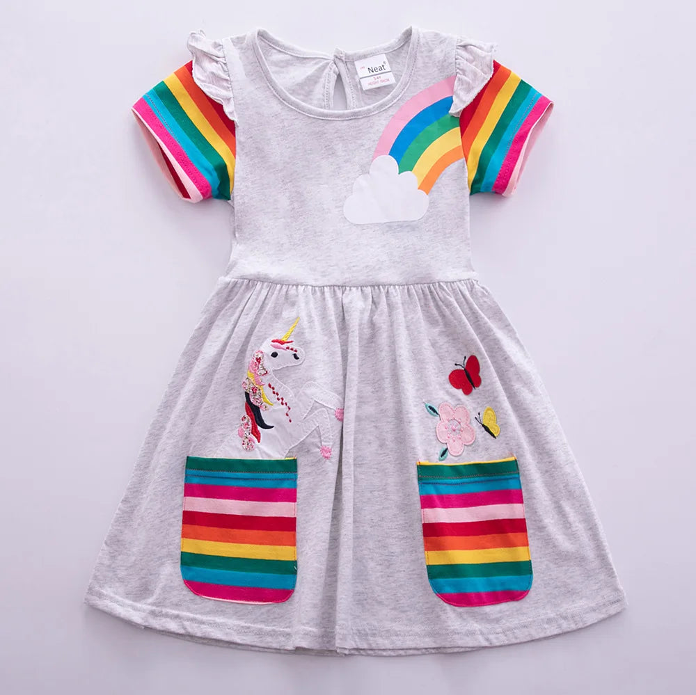 Girls' Short Sleeve Unicorn Dress New Summer Embroidered Two Pockets Rainbow Sleeve Children's SH81035