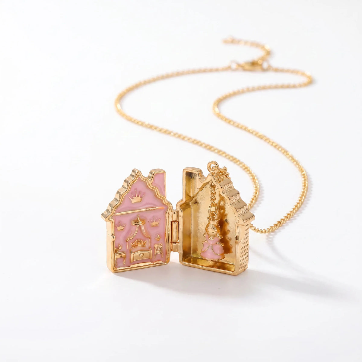 Fairy Tale Gingerbread House Necklace Open and Close Pendant Necklace Women Girls Enamel House Girl Necklace Jewelry Accessory