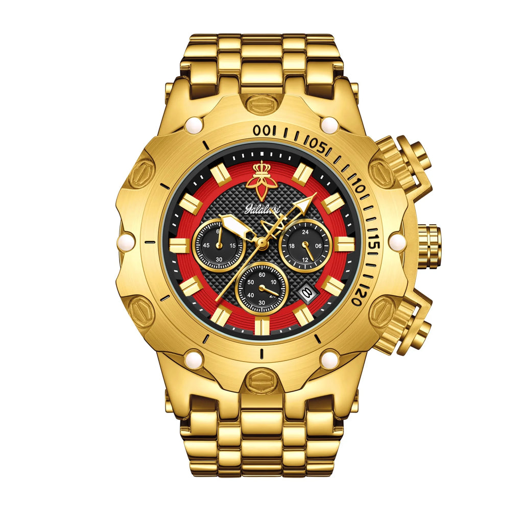 YaLaLuSi Men Gold Watch Multi Chronograph 3 Subdials Heavy Duty  Bracelet Luminous Dial Sport Quartz Wristwatch Male Gift Clock