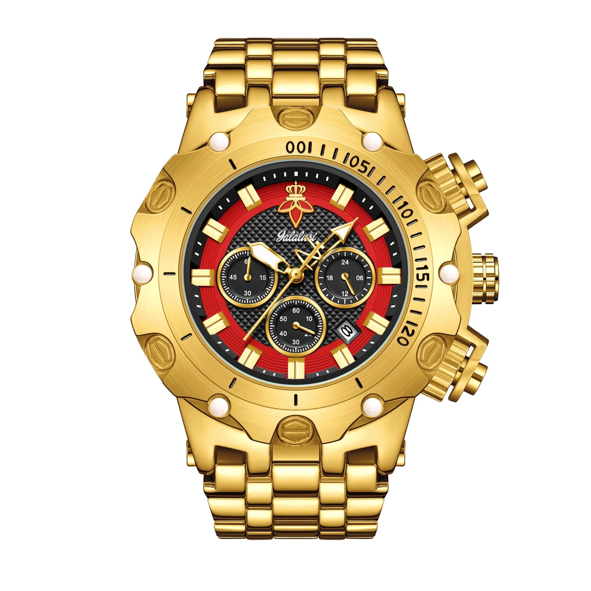 YaLaLuSi Men Gold Watch Multi Chronograph 3 Subdials Heavy Duty  Bracelet Luminous Dial Sport Quartz Wristwatch Male Gift Clock