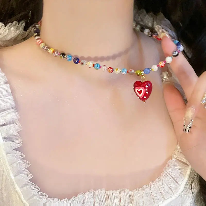 ZAKOL Dopamine Colorful Glass Bead Heart-shaped Pendant Necklaces for Women Sweet Collarbone Chains Necklace Trendy Accessories
