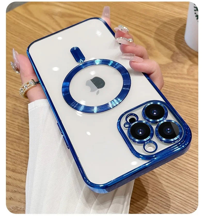 Luxury Transparent Magnetic For Phone Case For iPhone 14 Plus 13 12 11 15 16 17 18 Pro Max AIr Clear Plating Silicone Cover