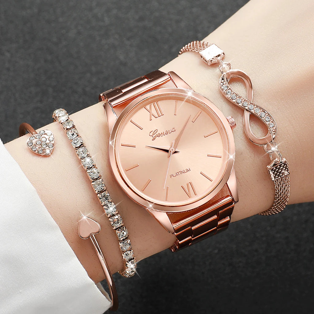 4PCS/Set Fashion Rhinestone Women Watches Luxury Steel Band Ladies Quartz Watch Bracelets Set Reloj Mujer（Without Box）