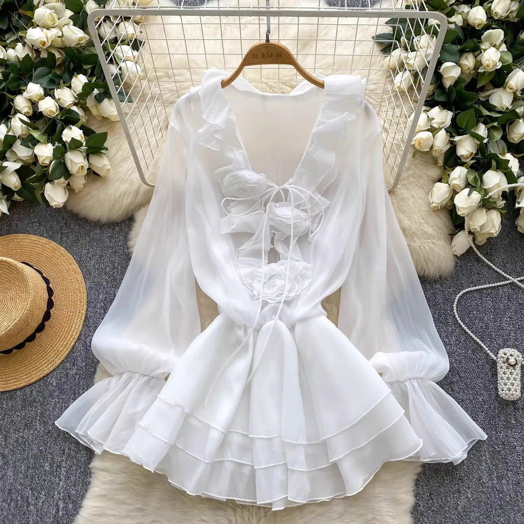 V-neck Long Flare Sleeve Vestidos Ruffles 3d Flower Dress Spring Tunic Dresses Temperament Ropa De Mujer Gentle Vestido