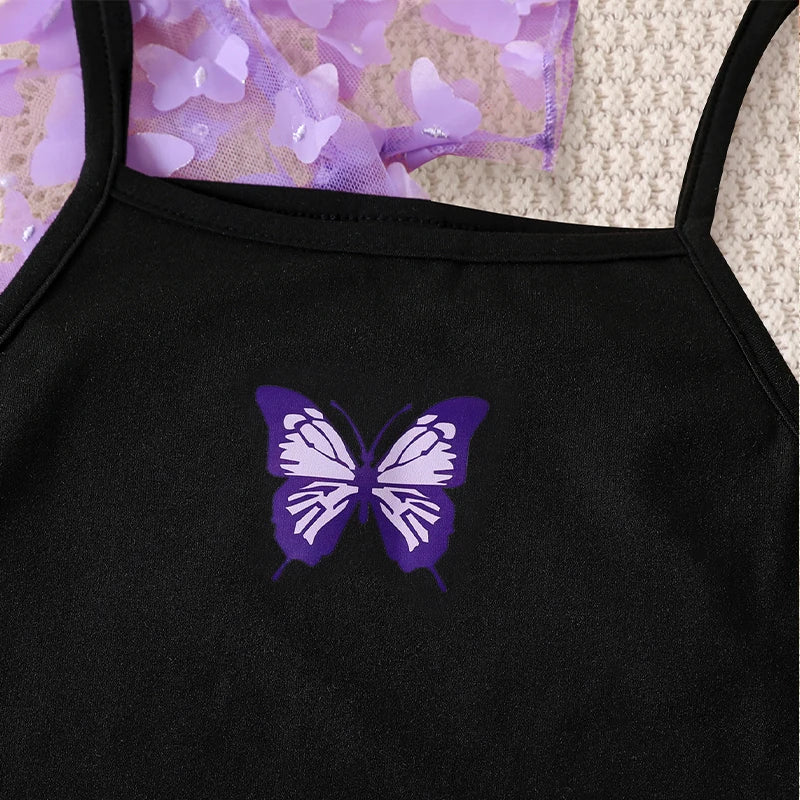 Girls' Summer Butterfly 2-Piece Dress & Tee Set - Stretchy, Comfortable & Easy-Care Kidswear