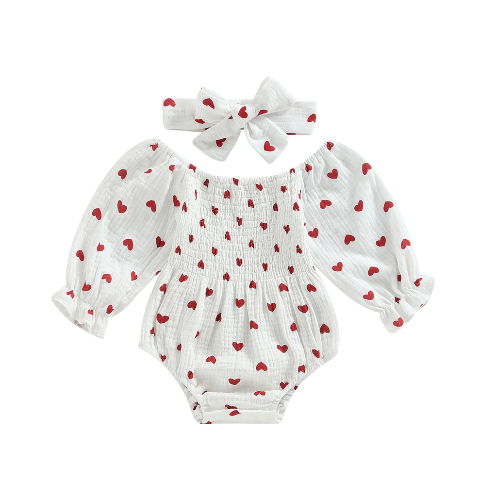 Tregren Infant Baby Girls Valentine's Day Romper Heart Print Long Sleeve Boat Neck Jumpsuits Spring Fall Bodysuits with Headband