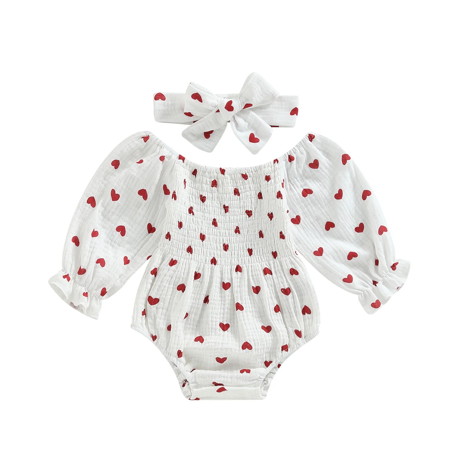 Tregren Infant Baby Girls Valentine's Day Romper Heart Print Long Sleeve Boat Neck Jumpsuits Spring Fall Bodysuits with Headband