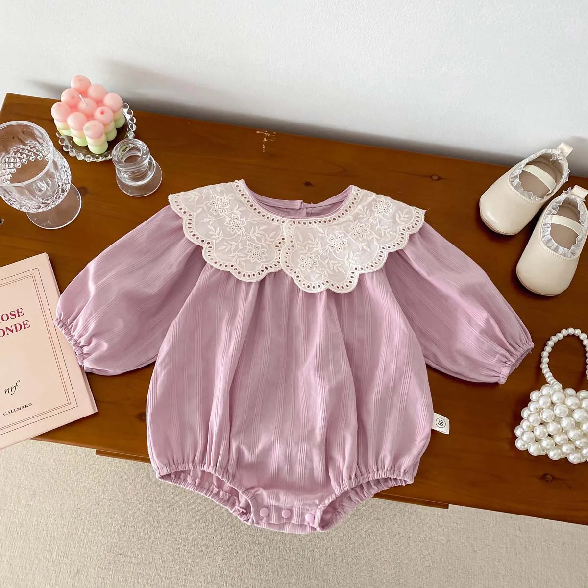 Korean Fashion Baby Romper Newborn Bodysuit Lace Peter Pan Collar Long Sleeves Infant Girl Jumpsuit 0-2yrs