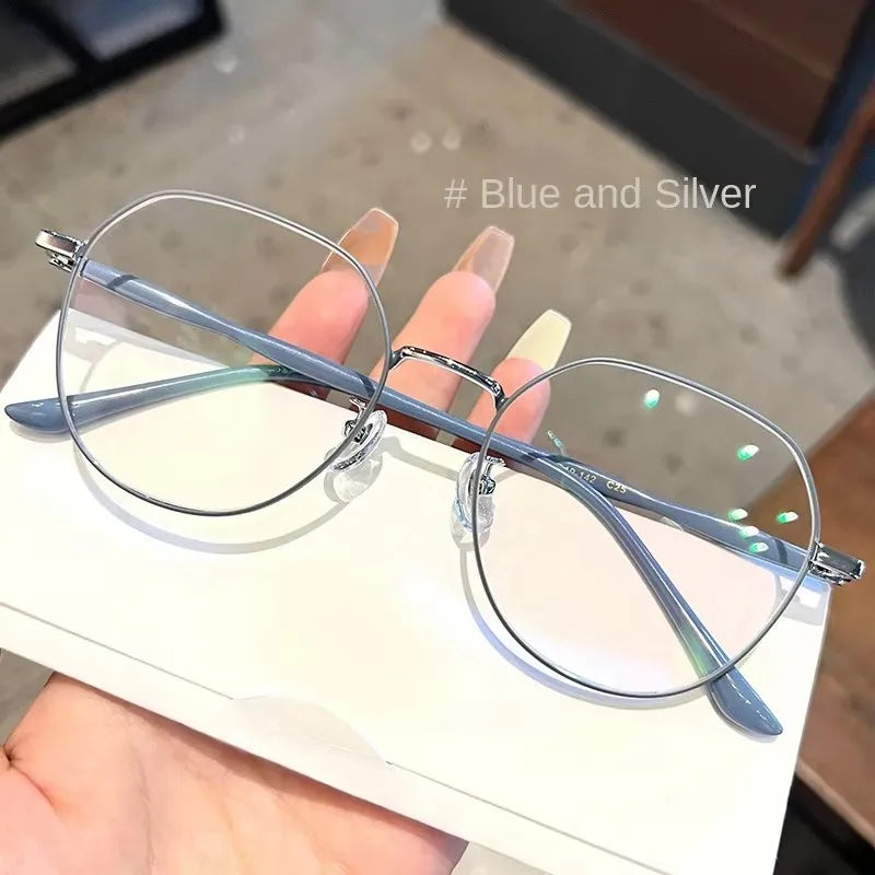 Clear Glasses Women Polygonal Metal Frame Eye Glasses 0 Flat Mirror Girls Eyewear Anti Blue Light Glasses Fashion Eyeglasses