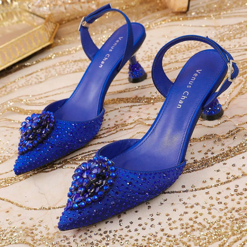 Sky Blue Wedding High Heels for Women Italy Design Rhinestone  Decorate Pointed-Toe Gorgeous Parties 2025 INS Lady Plus Size
