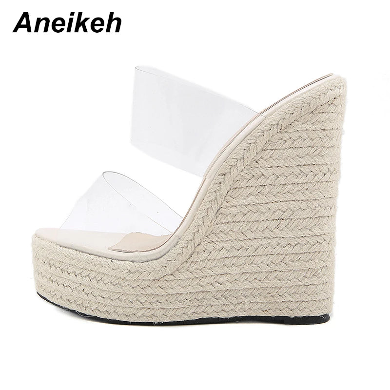 Aneikeh 2025 Summer Women Shoes Slippers Slides PVC Concise Platform Wedges Slip-On Party Round Toe Size 35-42 White