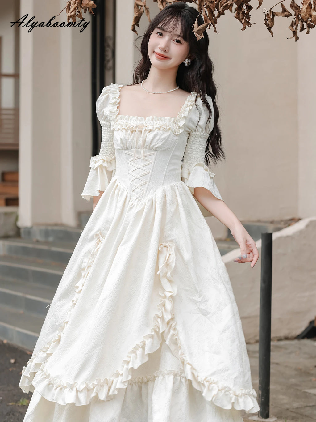 Fairycore Women Princess Party Midi Dress Square Collar Bow Fairy Ruffles Classical Dress Half Sleeve Gorgeous Feminine Dresses