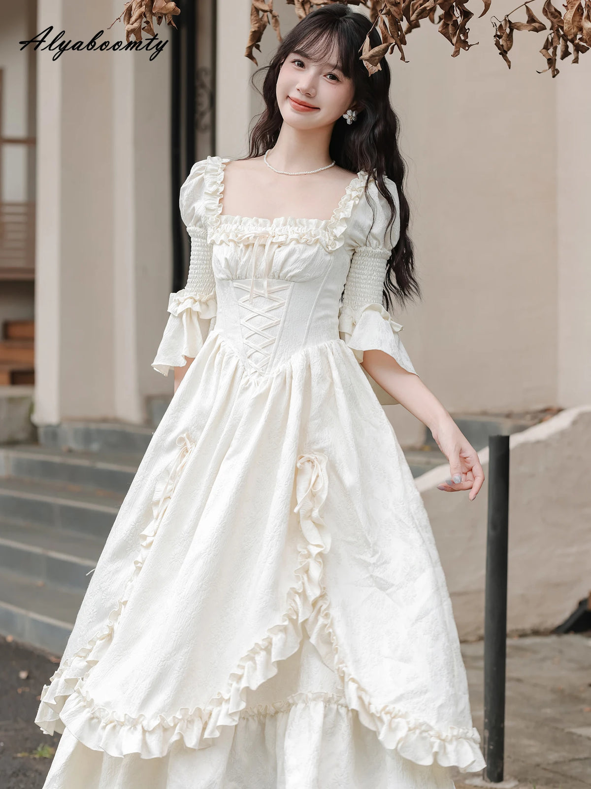 Fairycore Women Princess Party Midi Dress Square Collar Bow Fairy Ruffles Classical Dress Half Sleeve Gorgeous Feminine Dresses