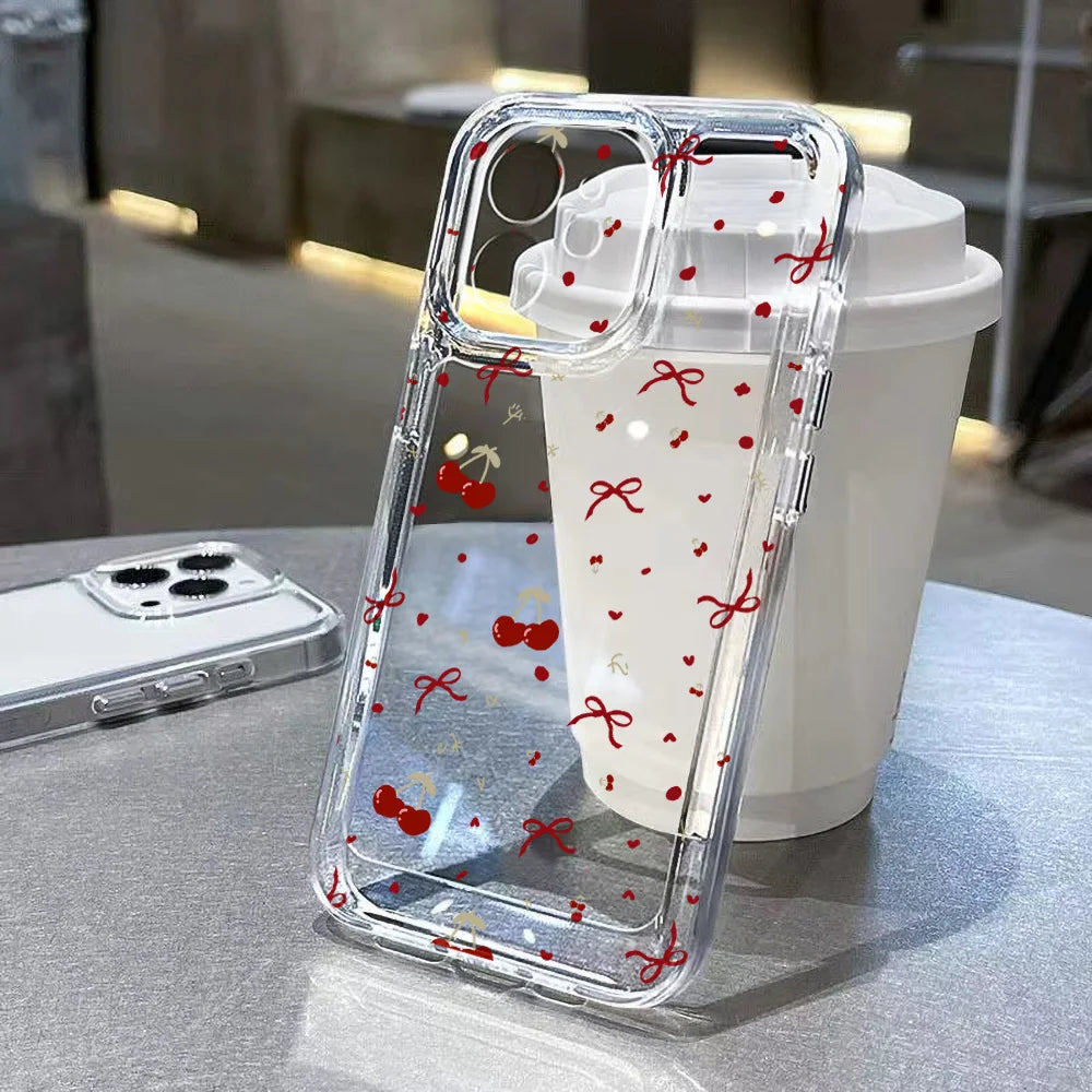 Transparent Cherry Painted Phone Case For iPhone 17 Pro Max  18 16 13 11 15 14 Plus 12 Air 16E Silicone Shockproof Funda Cover