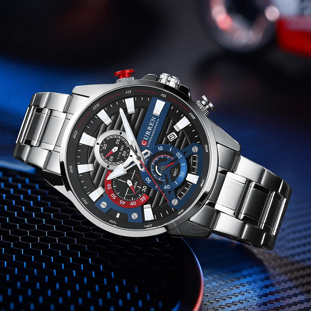 CURREN Sports Casual Quartz Wristwatches with Chronograph Fashion Stainless Steel Men's Watch Auto Date Clock Male with Box