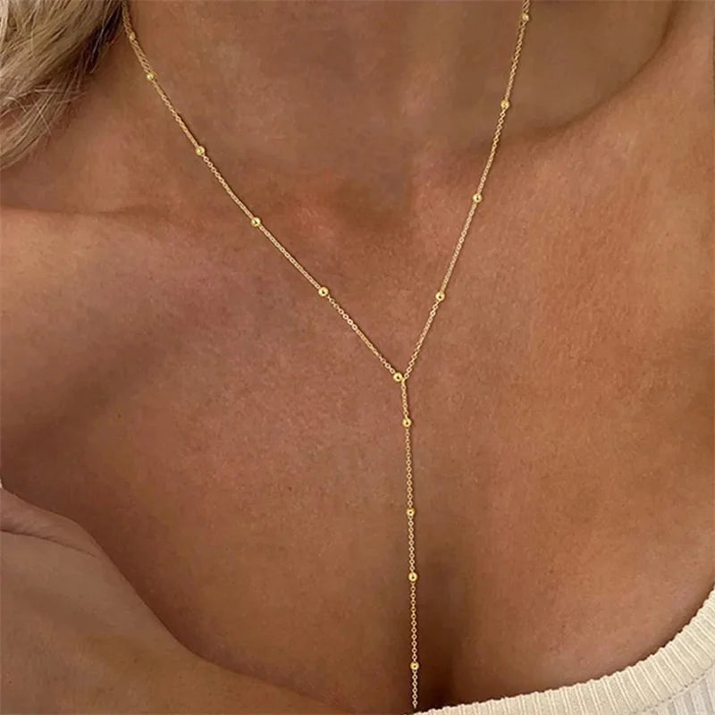 Vintage Gold Color Long Chain Drop Necklaces for Women Simple Metal Geometric Bead Tassel Choker Party Aesthetics Jewelry