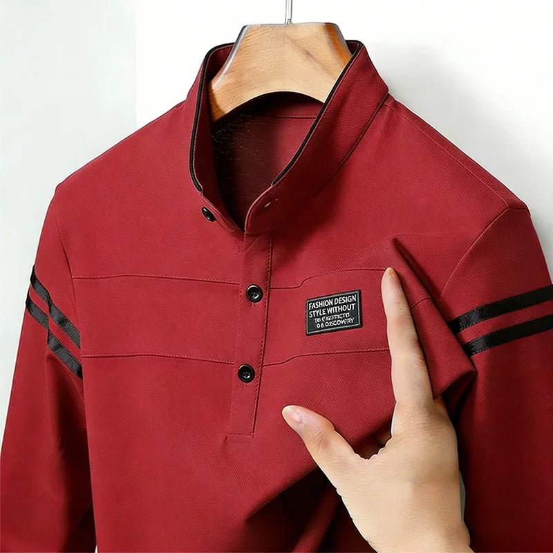 Men's Casual Slim Fit Polo Shirt Long Sleeve Stand Collar Contrast Striped Cotton Blend Tops for Daily & Business Wear