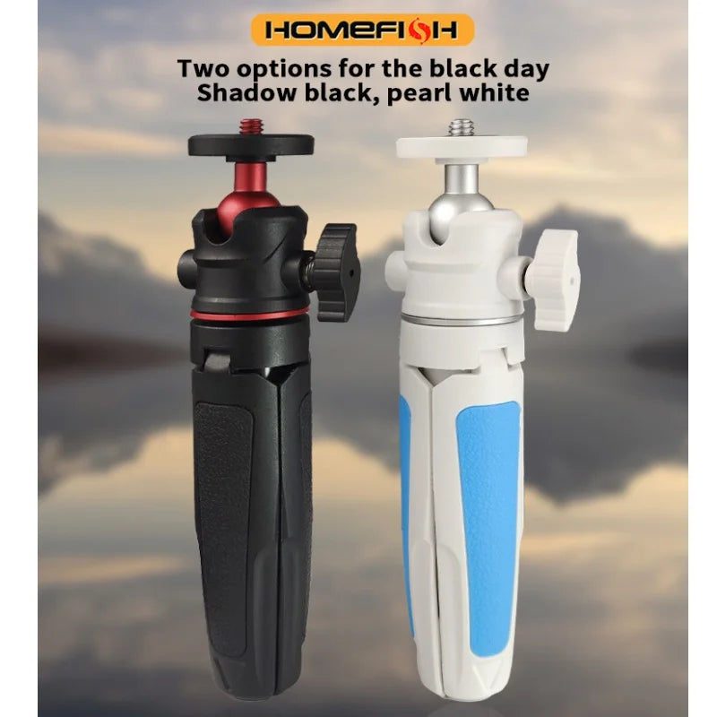 Portable extendable tripod for DSLR cameras, mobile phones, and desktops. Handle for live streaming.