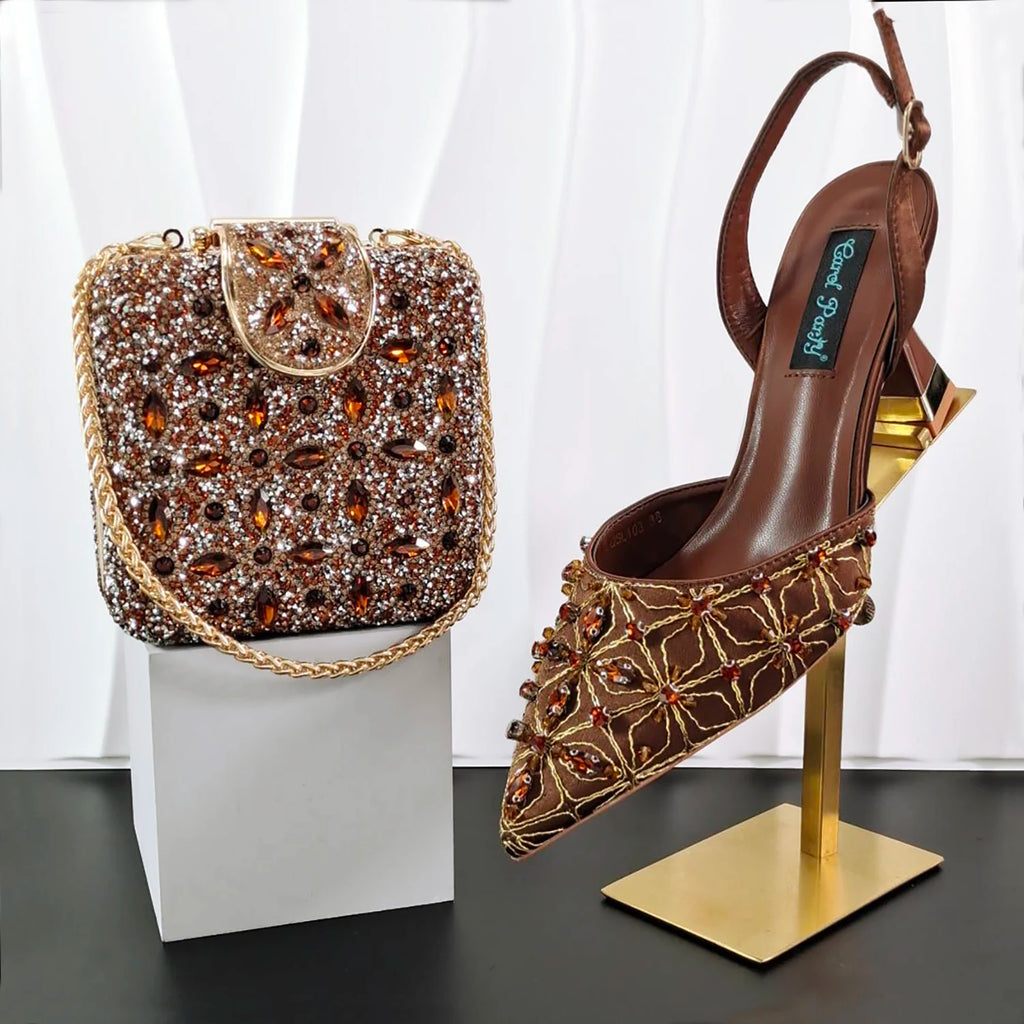 Elegant Full High Quality Diamond Design Olive Color Italian Women's Shoe and Handbag Set for Weddings and Special Occasions