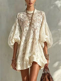 Women Solid Floral Lace Mini Dress Autumn O Neck Lantern Sleeve Mesh Sheer Loose Dresses Boho Casual Beach Holiday Ruffle Dress