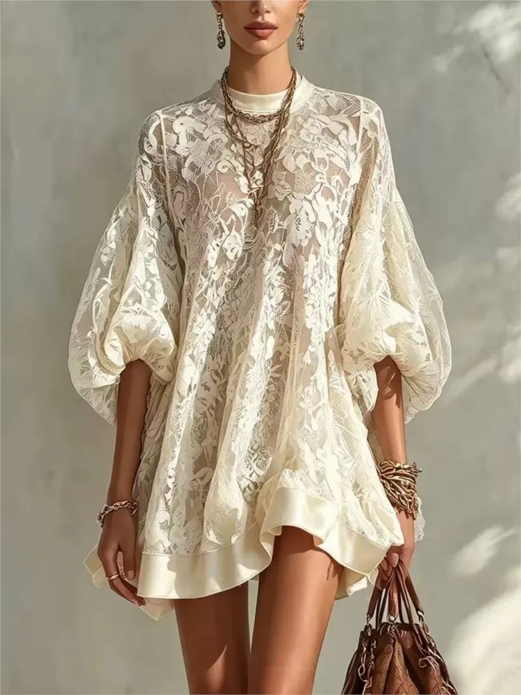 Women Solid Floral Lace Mini Dress Autumn O Neck Lantern Sleeve Mesh Sheer Loose Dresses Boho Casual Beach Holiday Ruffle Dress